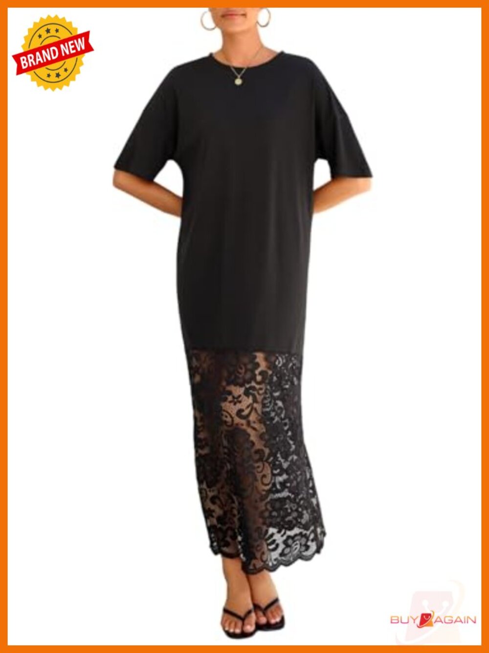 Women Short Sleeve Lace Patchwork Crew Neck Maxi Dress